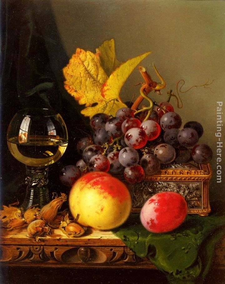 Edward Ladell A Still Life of Black Grapes, a Peach, a Plum, Hazelnuts, a Metal Casket and a Wine Glass on a Carved Wooden Ledge